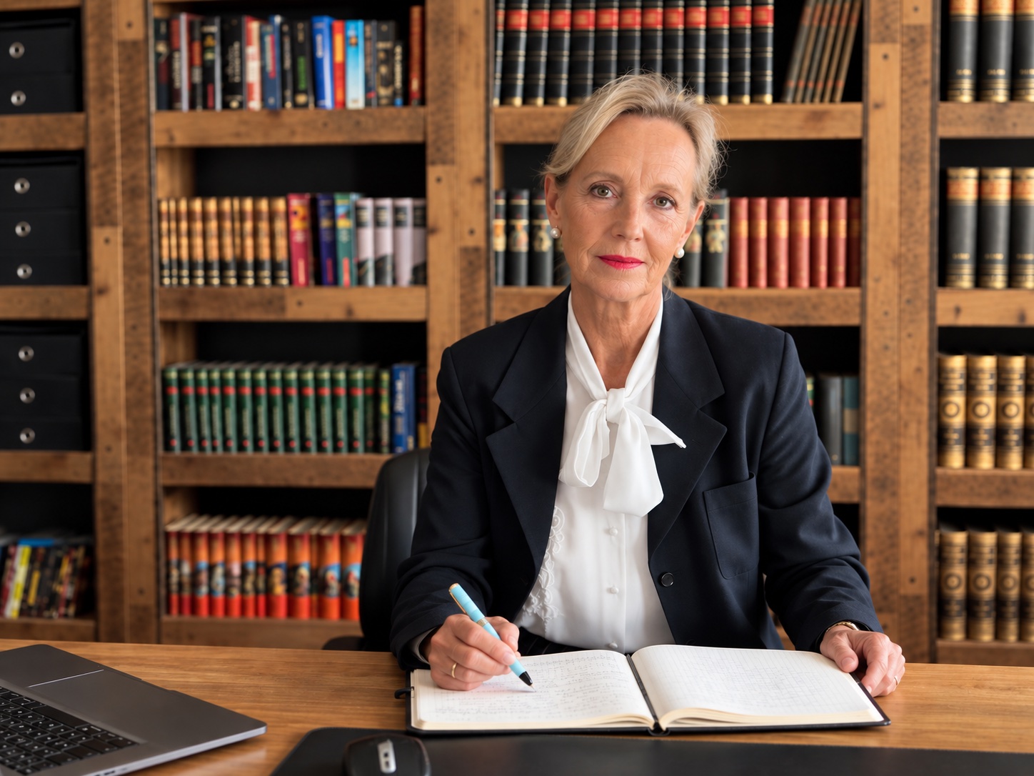 Renate Luger am Schreibtisch mit Notizbuch vor einer Bibliothek