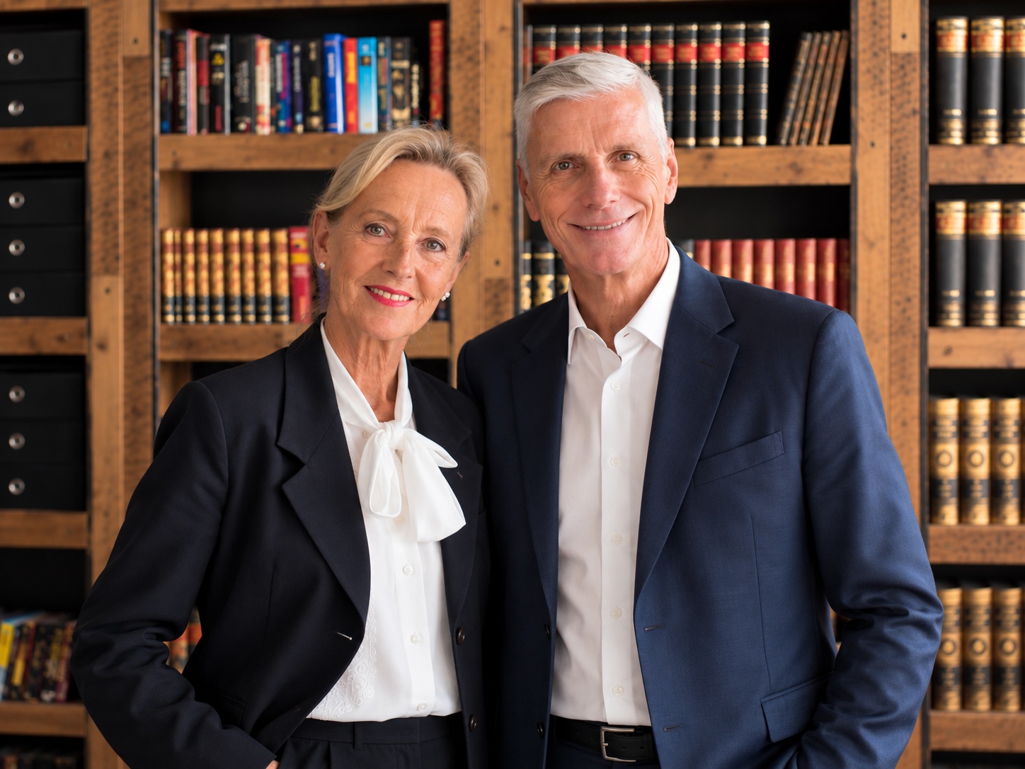 Michael und Renate Luger stehend vor einer Bibliothek